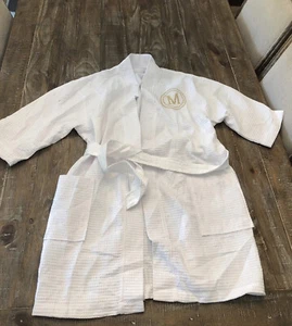 White Waffle Kid's Robe With M Monogram One Size - Picture 1 of 2