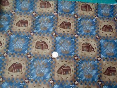 1  5/6yds"Crow Hill Apiary & Garden" 4" Blocks in Blue & Brown Cotton Fabric OOP - Image 1 of 2