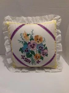 Handmade Cross-Stitched Pillow Detailed Yellow Purple Floral Lace Ribbon EUC - Picture 1 of 12