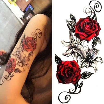 Pegatina tatuaje temporal impermeable arte corporal falsa flor rosa roja Foto 1 de 4