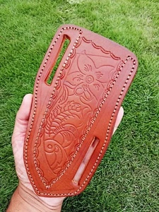 Brown Saddle Belt Sheath fixed Blade Knife Pancake Leather Sheath Engraved - Picture 1 of 6