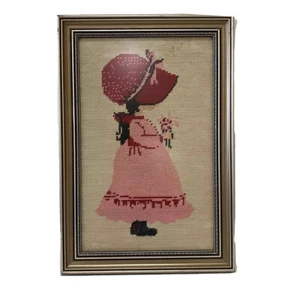 Vintage Holly Hobbie Cross Stitch Framed Picture 1970’s Pink & Red Girl Cute - Bild 1 von 12