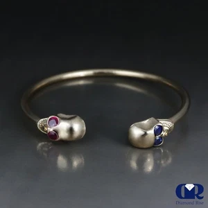 Skull Design Cuff Bangle Bracelet With Ruby & Sapphire In 10K Solid Gold - Picture 1 of 4