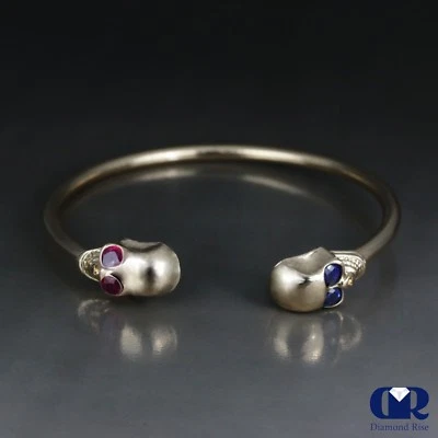 Skull Design Cuff Bangle Bracelet With Ruby & Sapphire In 10K Solid Gold - Image 1 of 4