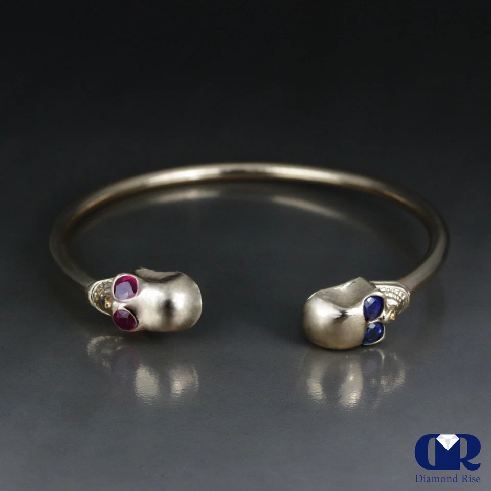 Skull Design Cuff Bangle Bracelet With Ruby & Sapphire In 10K Solid Gold - Image 1 of 4
