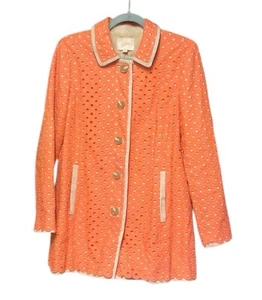 Ann Taylor LOFT Orange Eyelet Lace Beige Linen Duster Jacket Blazer Size Small - Picture 1 of 6