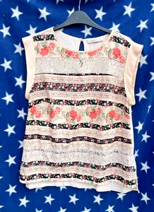 Oasis Size L Large Cream Floral Vest Top Lace Detail Cap Sleeves - Picture 1 of 2