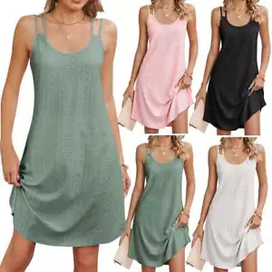 Women Summer Dress Loose Strappy A-line Sleeveless Holiday Beach Mini Sundress - Picture 1 of 17