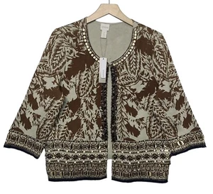 Chicos Embellished Pattern Cardigan Sweater Womens Large Golden Ochre NWT $129 - Picture 1 of 11