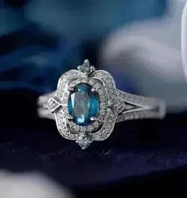 Art Deco Style Lab Created Diamond Aquamarine 14k White Gold FN Engagement Ring - Image 1 of 4