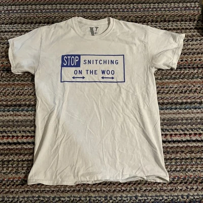 Vlone x Pop Smoke Mens M Stop Snitching On The Woo Graphic Tee Shirt White Blue - Image 1 of 3