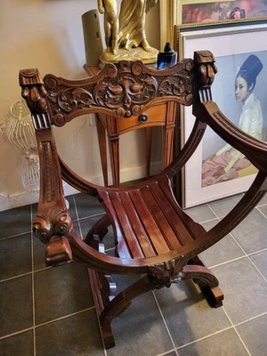 Vintage Green Man Great Hall Wooden Throne Chair X Frame Hand Carved Heirloom - Image 1 of 3