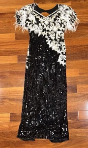 Vintage Beaded Niteline Dress Black Gold White Sequins Open Back Sleeves USA 8 - Picture 1 of 11