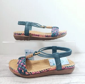 Sandalias Pavers Zapatos Talla 4 Damas Azul Detalle Cuentas Cómodas Planas Cuero Boho - Imagen 1 de 15