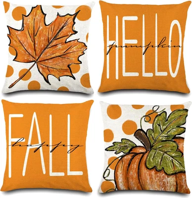 4Pcs Fall Pillow Covers 18 X 18" Autumn Pumpkin Maple Leaves Harvest Throw Pillo - Image 1 of 4