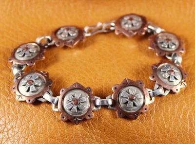 JEEP COLLINS DAISY FLOWER Linked Bracelet Copper & Sterling Silver Size 7 3/4" - Image 1 of 4