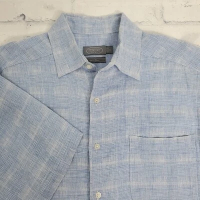 Talbots Linen Shirt Mens Medium Blue Plaid Button Up Short Sleeve Casual Office - Image 1 of 4