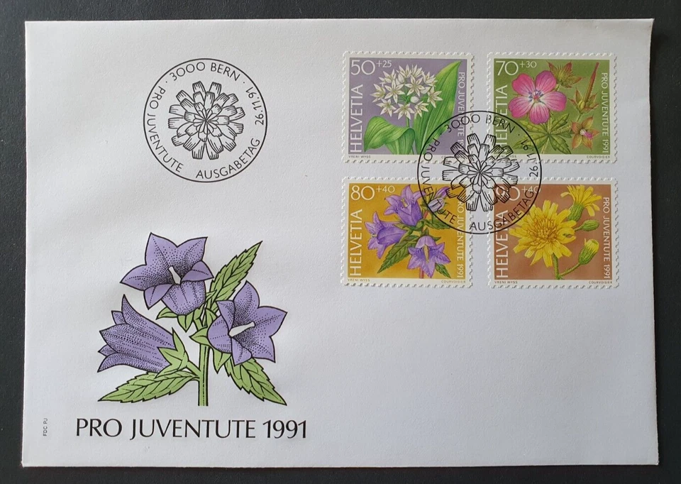 1991 SWITZERLAND SCHWEIZ HELVETIA PRO JUVENTUTE FLOWERS FLORA FLEUR FDC - Image 1 of 1