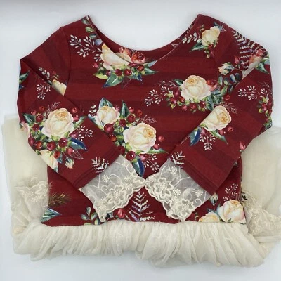 Handmade Red Floral Christmas Dress Girls Size 5 Striped Holiday Portrait Tulle - Image 1 of 4