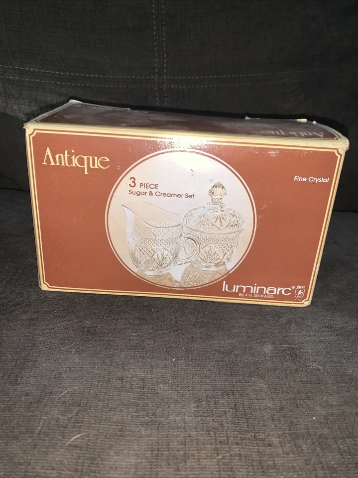 J.G. 复古 Luminarc Durand 精细水晶 3 件套糖和奶油套装原装盒 — 第 1/3 张图片