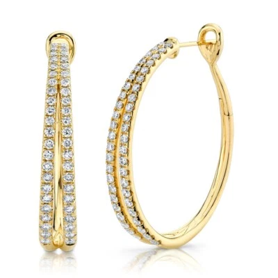 14K Yellow Gold Diamond Split Oval Hoop Hinged Earrings Round Cut Natural 1.76CT - Image 1 of 4