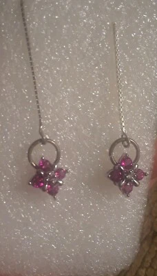 Lab Created Ruby threader earrings in white gold/silver - Image 1 of 3