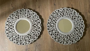 Pair GRAY FILIGREE WOOD MIRRORS 16" Round Intricate Carved Boho Wall Decor INDIA - Picture 1 of 7
