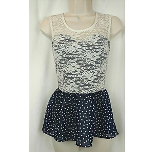 L8TER Schößchen Tanktop Junior Small blau weiß gepunktet Chiffon Rüschen Spitze - Bild 1 von 4