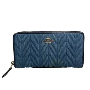 Coach Madison Denim Twist Long Navy Blue Leather Gold Trim Zip Around Wallet - Picture 1 of 20