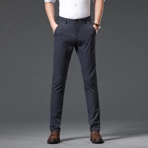 Men Formal Check Trousers Slim-Fit Smart Office Dress Pants Casual Bottoms Solid - Picture 1 of 18