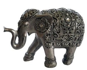 Elephant Figurine Silver Resin Bejeweled Raised Trunk For Luck Antiqued Finish - Picture 1 of 13