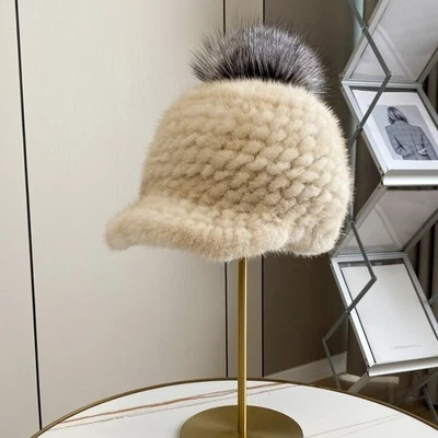 Sombrero de piel de visón real para mujer tejido gorra pico gorros princesa tocado dicer Foto 1 de 4
