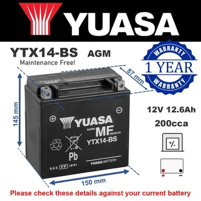 Genuine Yuasa YTX14-BS High Power AGM GEL Motorbike Motorcycle Battery YTX14BS - Image 1 of 4
