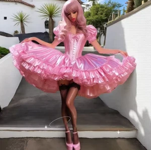 Abito da ballo fantasia rosa Lolita festa abito da ballo volant corsetto raso gonfio - Foto 1 di 10