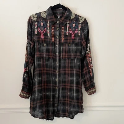 Johnny Was Workshop Plaid Embroidered Tunic Top Brown Sz S Boho Western Pockets - Image 1 of 4