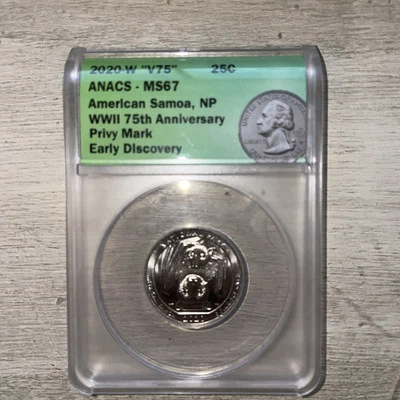 2020 W American Samoa NP ATB Quarter ANACS MS 67  V75 WWII 75th Anniv Privy - Image 1 of 2