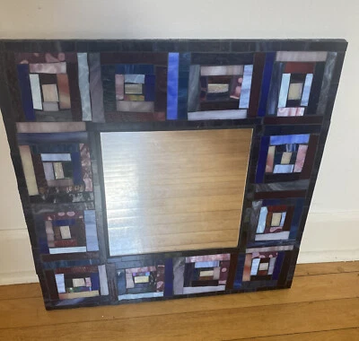 Espejo mosaico vitral cubista MCM único azul y púrpura Foto 1 de 4