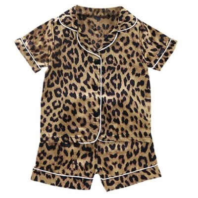 Pajamas Set Leopard Silk Satin Sleepwears Set Short Sleeve Blouse Tops Shorts - Image 1 of 4