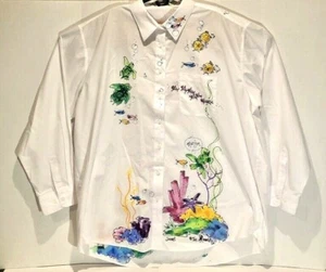 Women’s 2XL The Hand Painted Co Long Sleeved White Shirt Fish Sea Marine Marilyn - Picture 1 of 10
