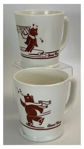 Vtg BOSCO Bear Ice Skating/Bear Snowball Mugs Uranium Glass Fire King-SET OF 2! - Picture 1 of 12