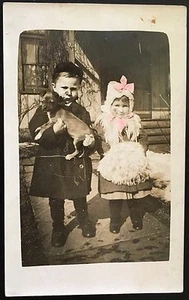 Real Photo RPPC ~ Boy Holds Puppy Dog & Sister In Fur Muff & Collar w Pink Bows - Picture 1 of 2