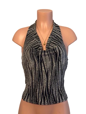 Винтажный Fashion журнал металлический серебро и черный, диско вечеринки потрясающий с бретелью через шею Топ M - Изображение 1 из 4