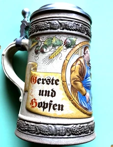 GERZ-Keramik-Bierkrug " Gerste und Hopfen gibt gute Tropfen " 0,5 L , Zinndeckel - Bild 1 von 5