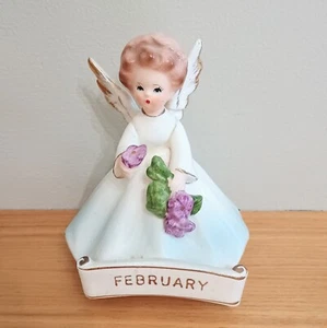 Vtg Wheelock Peoria February Birthday Angel Porcelain Purple Flowers REPAIRED - Picture 1 of 9