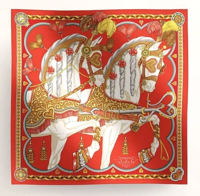 Hermes Scarf Stole Harnais de Coeur Red Animal Horse Silk Auth New tag Carre 90 - Image 1 of 4