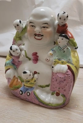 Vintage Ceramic Laughing Buddha with Climbing Children Colourful Jingzheng - Image 1 of 4