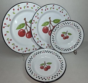 2000 ME Ink Mary Engelbreit Metal Enamel Ware Cherries 2 Plates 2 Bowls - Picture 1 of 13