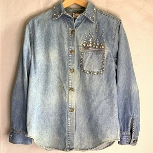 Vintage 80s Monique Denim Button Down Top Bedazzled Studded Size S 6P Acid Wash - Bild 1 von 12