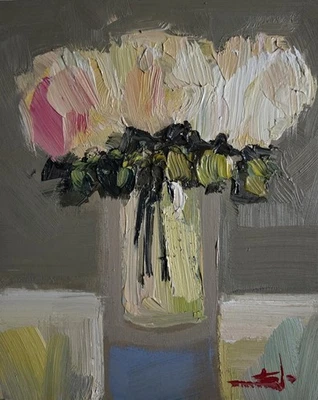 WHITE FLOWERS OIL PAINTING VIVEK MANDALIA IMPRESSIONISM 8X10 COLLECTIBLE SIGNED - image 1 of 4