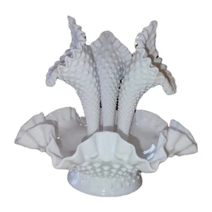 Fenton Epergne Triple Horn MCM Diamond Lace Schuhnagel 10" weiß Milchglas 4 Stck. Vintage - Bild 1 von 11